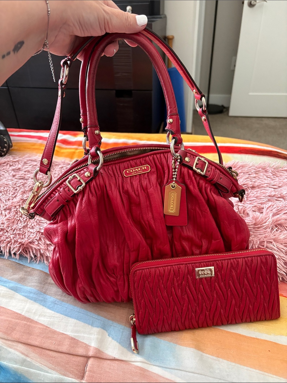 Coach Red Ruched Leather Shoulder Bag with Matching Wallet